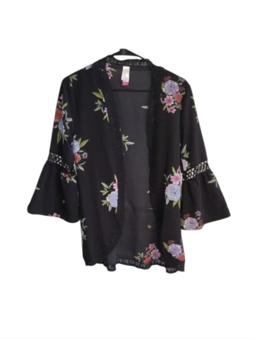 Women's Top Open Kimono Style Blouse Lacy Bell Sleeves Floral Size Small